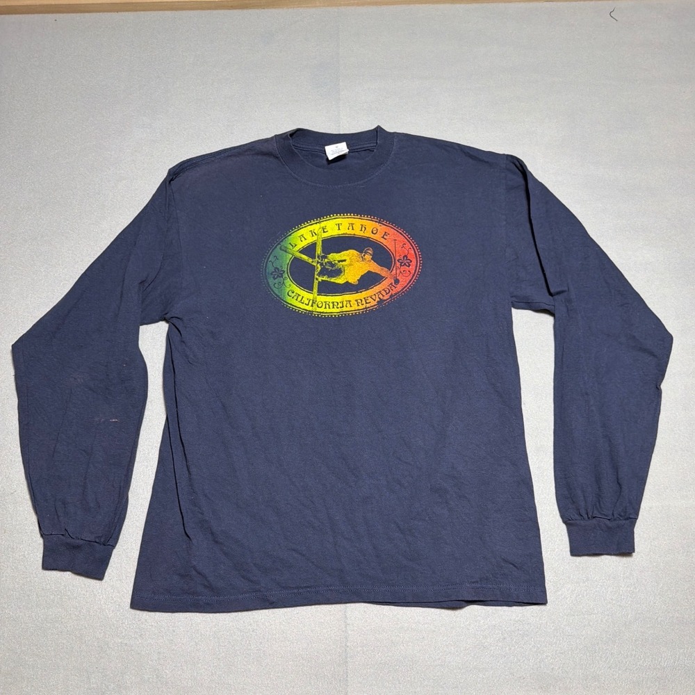 Anvil Mens Lake Tahoe Ski Graphic Long Sleeve‎ Tee Navy Blue Rasta Large